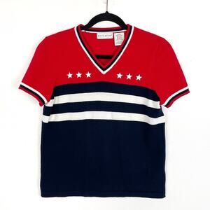 Vintage V-Neck Sweater Top Short Sleeve July 4th Red White Blue Stars Stripes